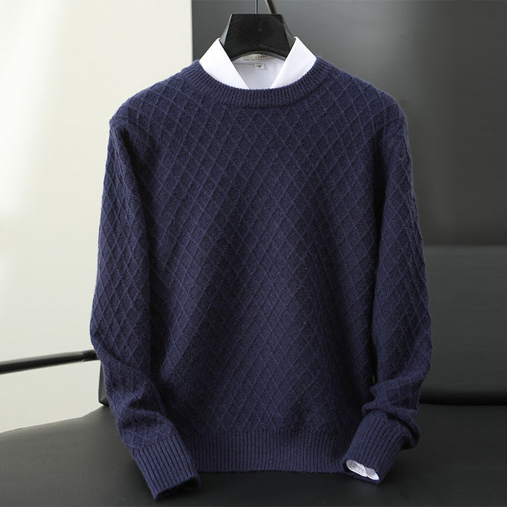 Textured men's knitwear crewneck sweater, showcasing premium material and timeless fall fashion.