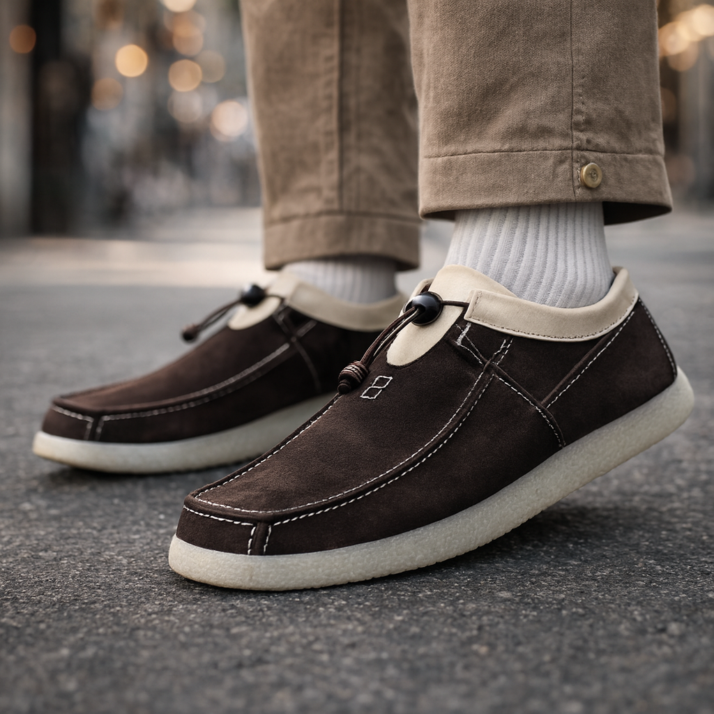 Close-up of men's premium leather loafers with suede detailing, comfortable moccasin style