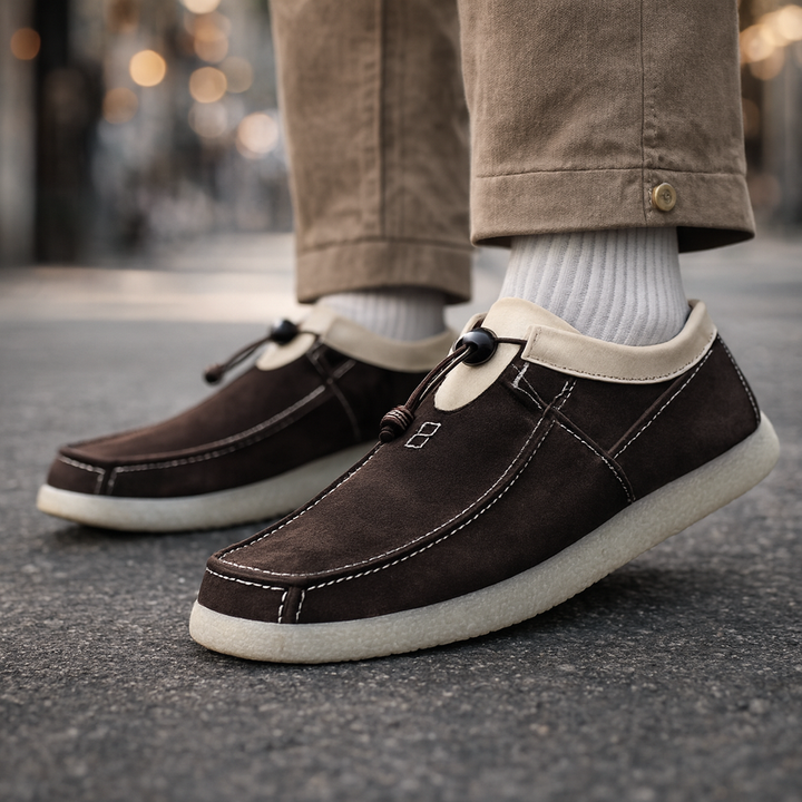 Close-up of men's premium leather loafers with suede detailing, comfortable moccasin style