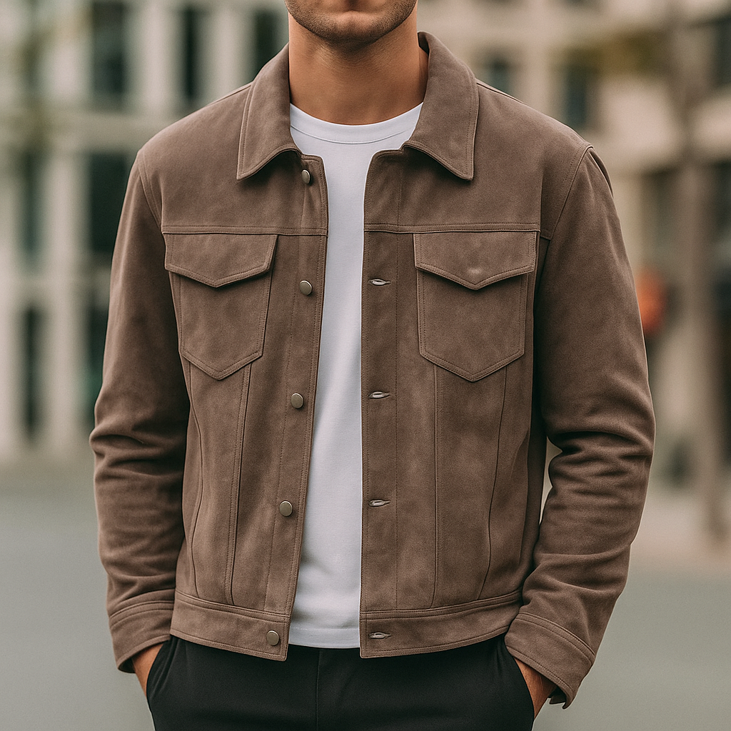 Men's premium suede jacket in sahara brown, button-front, perfect for smart casual fall fashion.