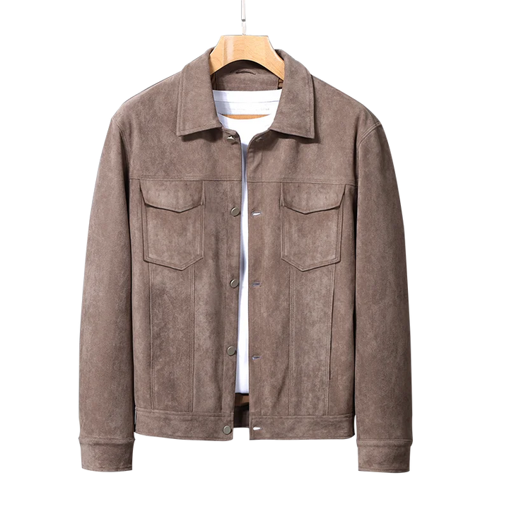 Men's premium suede button-front jacket in sahara brown, offering comfort and timeless elegance.