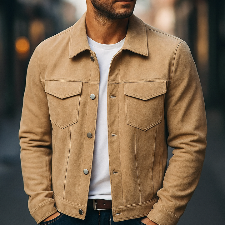 Close-up of a men's light khaki suede button-front jacket, showcasing the luxurious texture.
