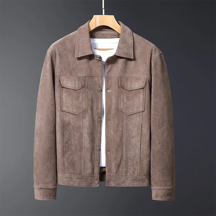 Stylish men's suede button-front jacket in sahara brown, ideal for casual and smart casual looks.