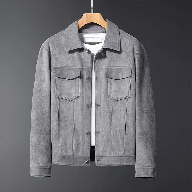 Back view of a men's heather gray suede jacket, highlighting the clean lines and quality material.