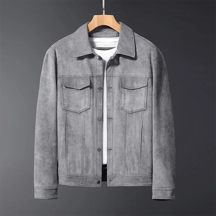 Back view of a men's heather gray suede jacket, highlighting the clean lines and quality material.