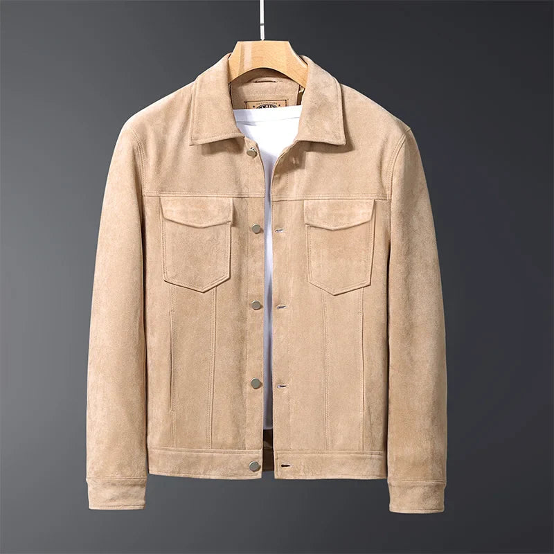 Men's casual suede jacket in sahara brown, featuring a classic button-front design for autumn.
