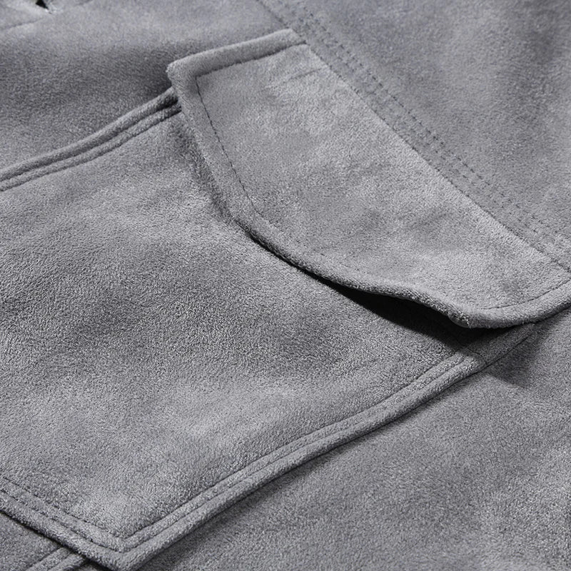 Luxurious light khaki men's suede outerwear, a versatile button-front jacket for everyday style.