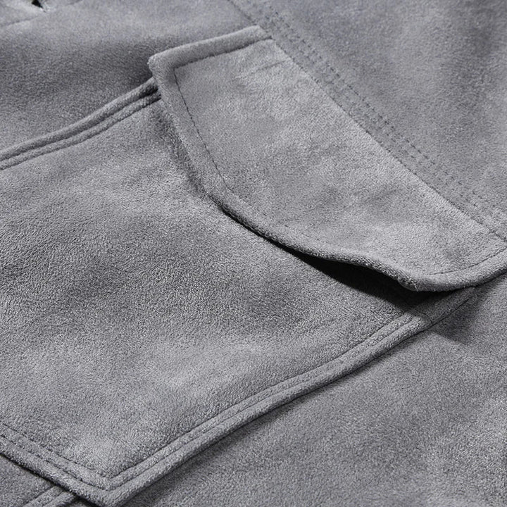 Luxurious light khaki men's suede outerwear, a versatile button-front jacket for everyday style.