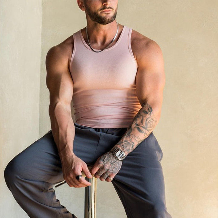 Men's tank top designed for summerwear, premium sleeveless, soft cotton blend construction.