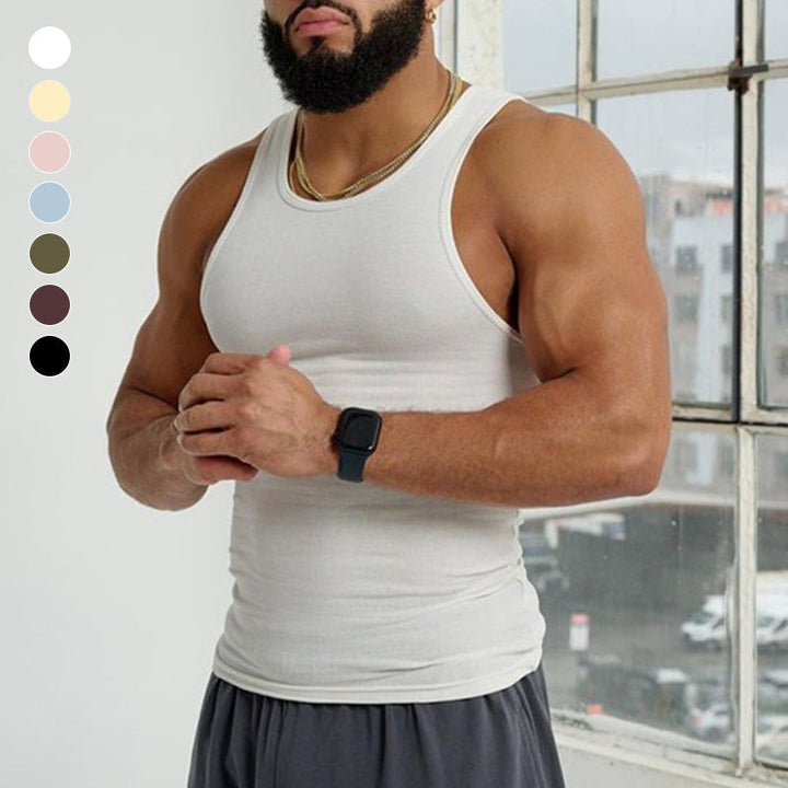 Athletic men's sleeveless tank top in black, perfect for gym, made from comfortable cotton blend material.