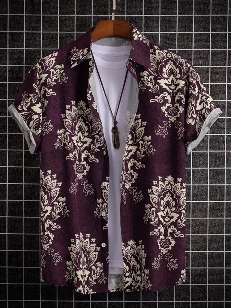 Men's apparel: patterned button-down short sleeve shirt for summer.