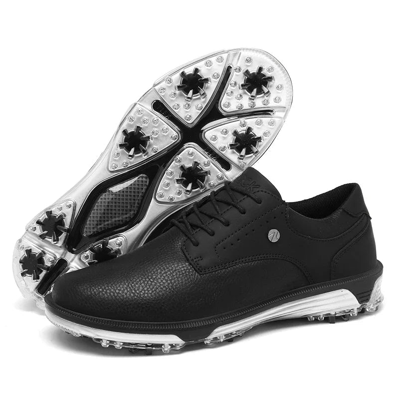 Men's durable golf shoes, black, ensuring stable grip, waterproof comfort, and lasting performance.
