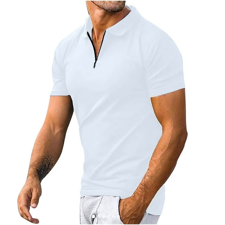 Fashionable men's quarter-zip knit polo shirt. Modern short sleeve design adds an elegant touch to casual wear.