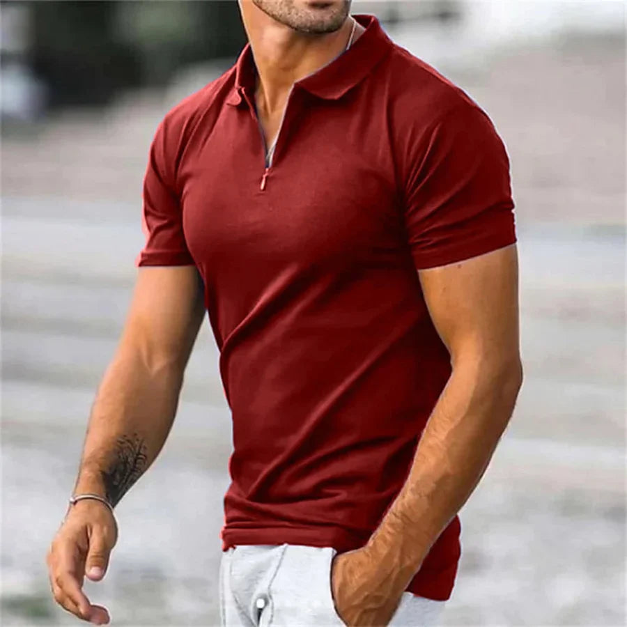 Men's quarter-zip knit polo with collar. Short sleeve men's top, perfect for versatile smart casual summer style.