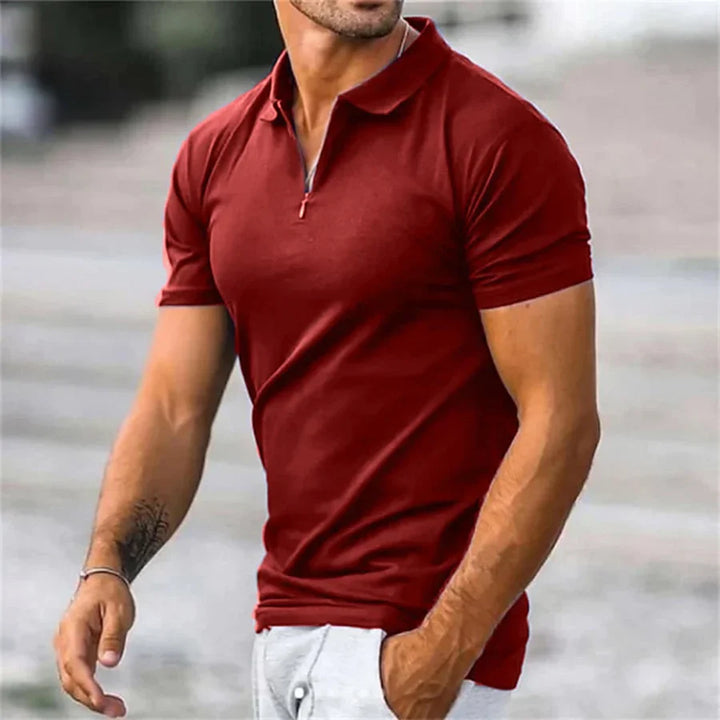 Men's quarter-zip knit polo with collar. Short sleeve men's top, perfect for versatile smart casual summer style.