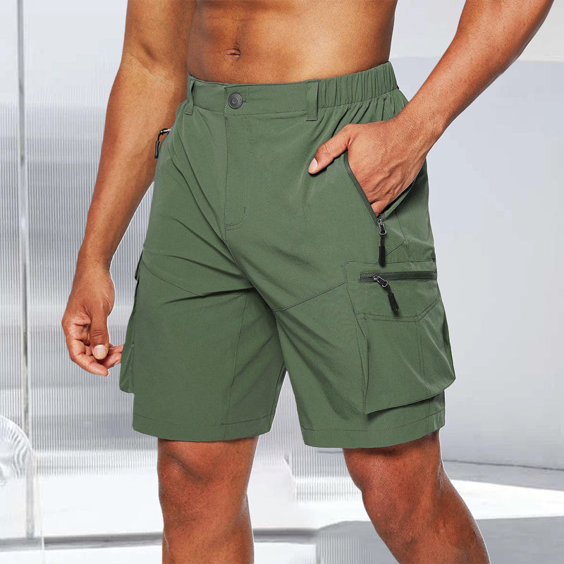 Men's casual cargo shorts in a light brown, engineered for outdoor performance.