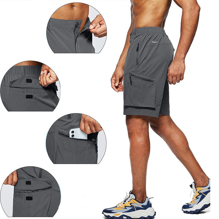 Rear view of men's hiking cargo shorts, showcasing pocket details and relaxed fit.