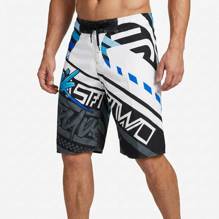 Stylish men's printed quick-dry board shorts, perfect for beach, pool, and summer vacation outfits.