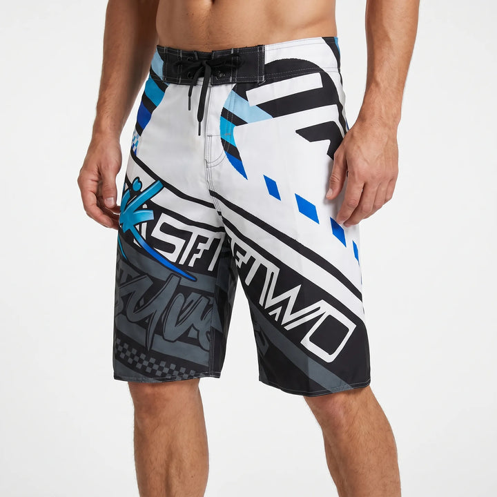 Comfortable men's quick-dry printed swimwear, perfect for pool days, beach trips & summer fashion.