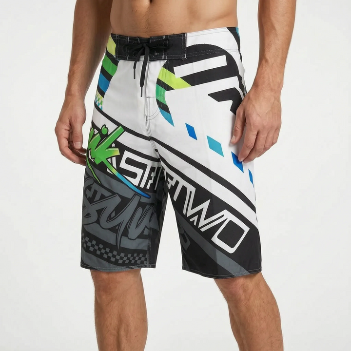Vibrant men's printed quick-dry board shorts, essential summer beachwear for men's swimwear collection.