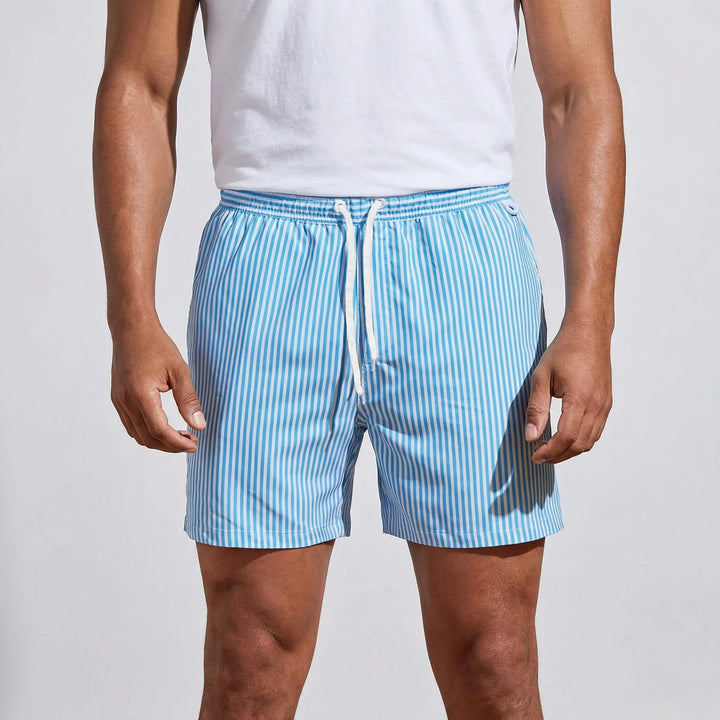 Fashionable men's striped swim trunks, essential for beach and pool.