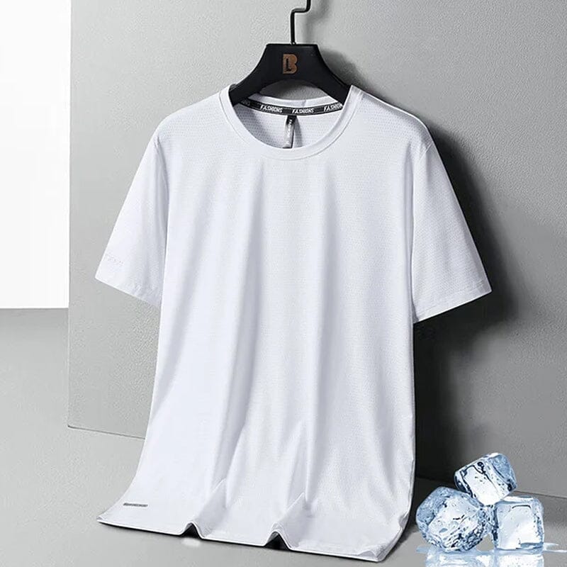 Flat lay of a men's quick-dry ice silk t-shirt, highlighting its smooth, cool-touch fabric