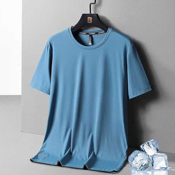 Side view of a men's loose-fit quick-drying ice silk t-shirt, short sleeve, everyday wear