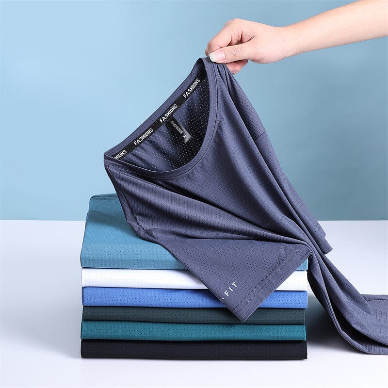 Front view of a white men's quick-dry ice silk summer t-shirt, relaxed fit, athletic style