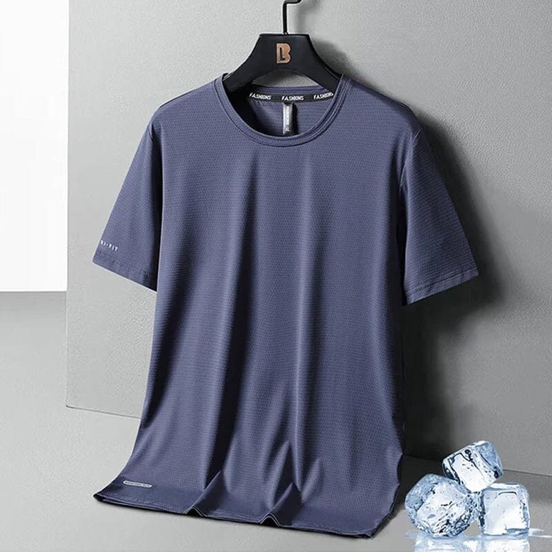 Stack of folded men's quick-drying ice silk t-shirts in various colors: blue, grey, white