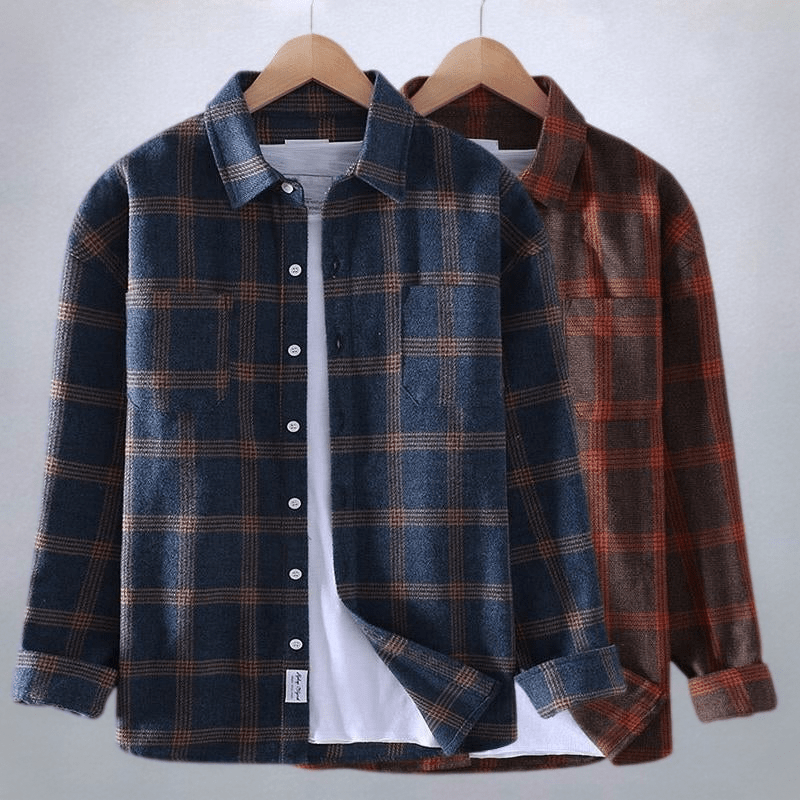 Casual men's button-down shirt featuring a classic red and blue checkered design.