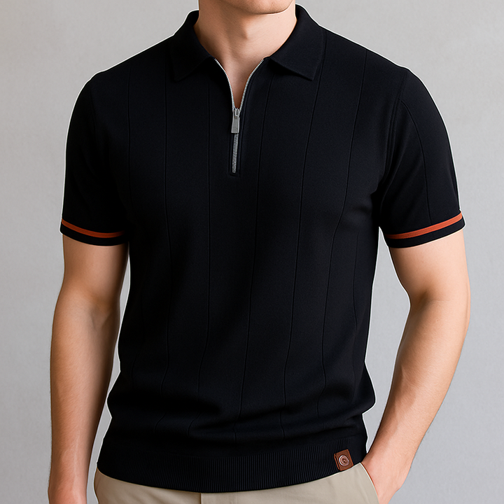 Elegant men's golf shirt, a refined quarter-zip polo with short sleeves for the course.