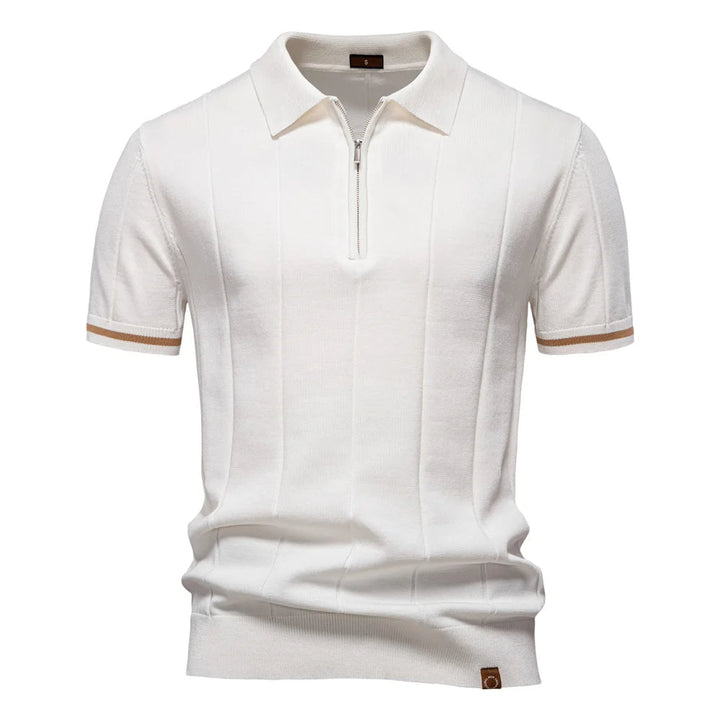 Refined men's quarter-zip polo shirt, exuding timeless style; ideal for any casual occasion.