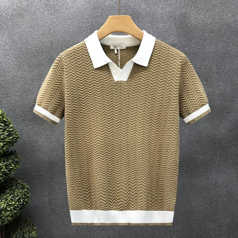 Men's refined textured knit polo shirt, ideal for smart casual wear. Comfortable collared men's fashion top for spring.