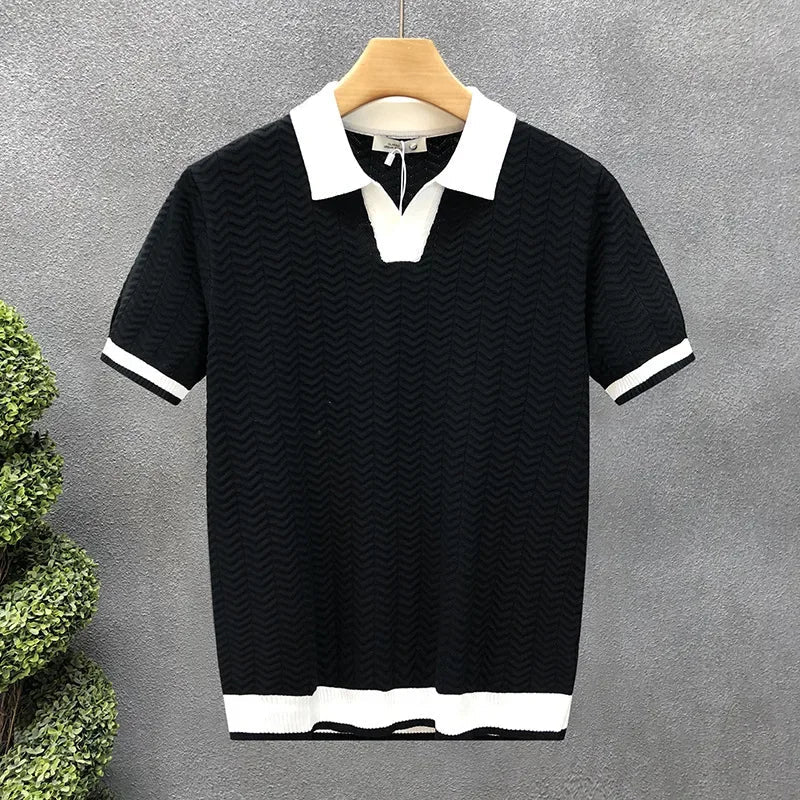 Stylish men's textured knit polo shirt. Versatile collared top for everyday comfort and casual spring/summer wear.