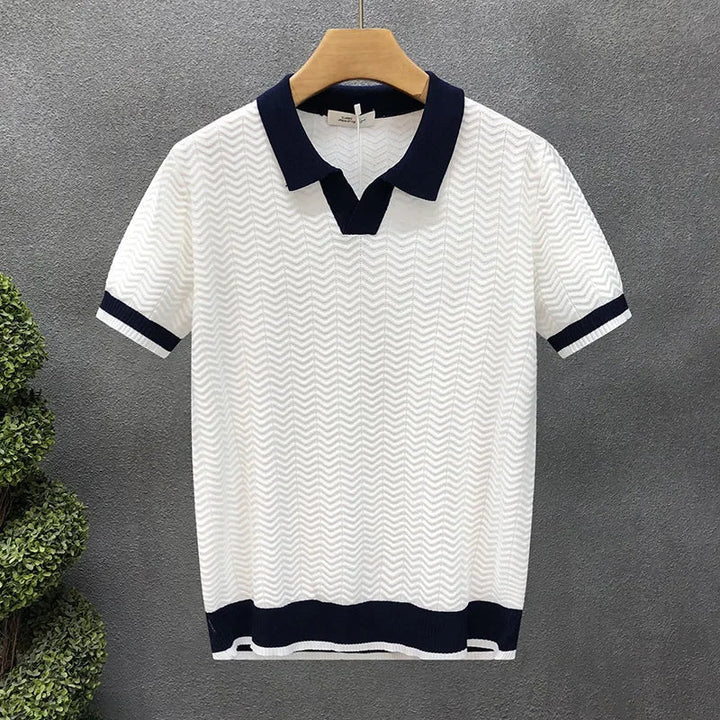 Refined men's textured polo knit shirt. A stylish collared top, perfect for smart casual and everyday comfort in spring.