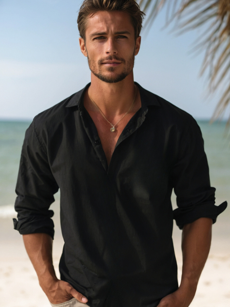 Regular fit men's casual button-up shirt with long sleeves, a comfortable summer top.