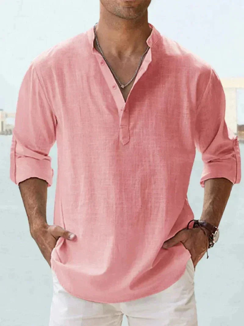 Men's vacation shirt, relaxed fit button-down. Long sleeve for summer, casual wear, ideal for warm weather.