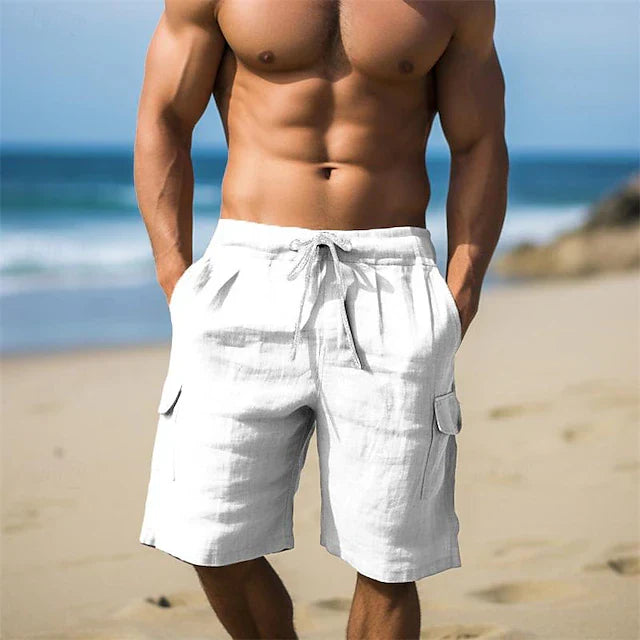Men's drawstring relaxed fit cargo Bermuda shorts. Ideal summer beachwear, casual and comfortable.
