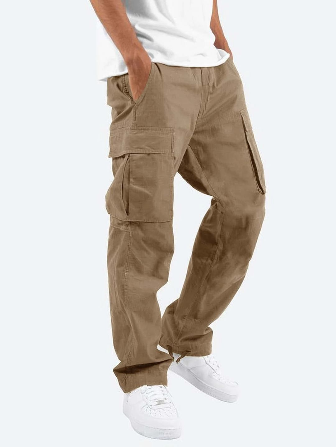 Grey men's relaxed fit cargo pants. Versatile multi-pocket trousers, ideal for workwear, casual outings & streetwear.