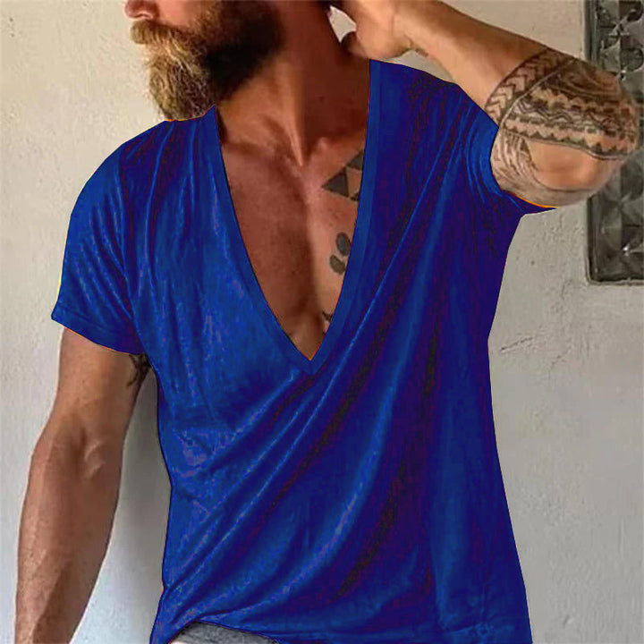 Men's minimalist summer top: deep V-neck, relaxed fit, ultimate comfort, short sleeve tee.