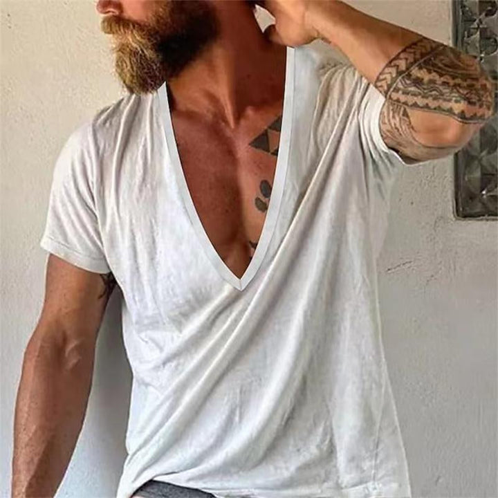 Casual short sleeve men's V-neck tee, relaxed fit, perfect for summer fashion & layering.