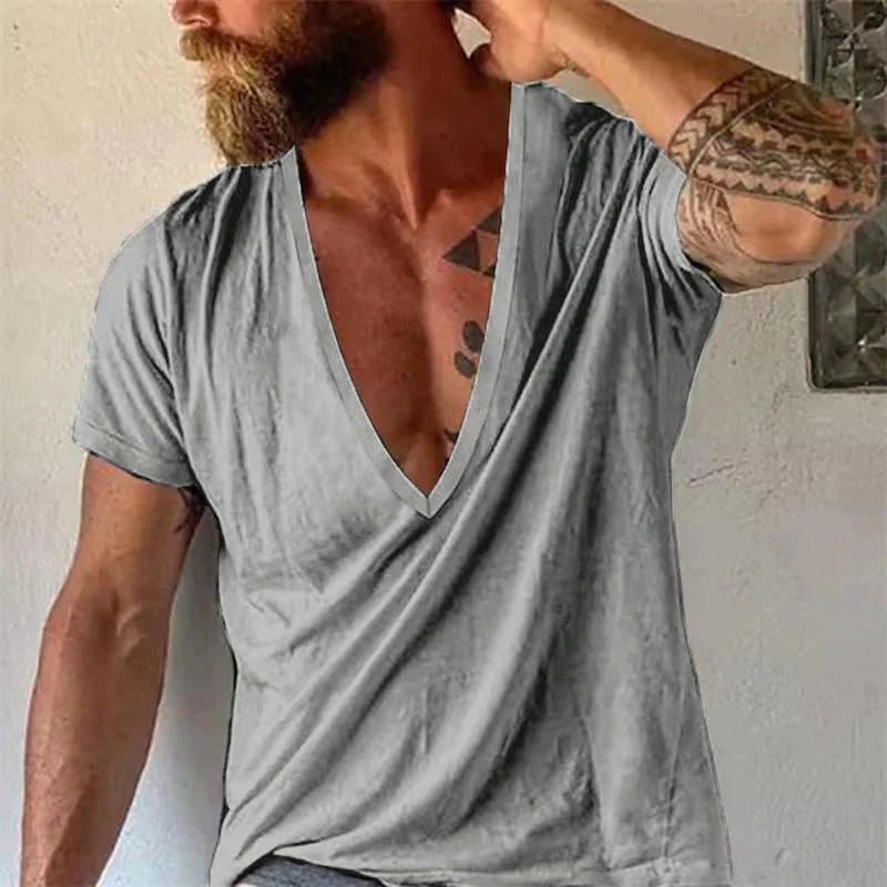 Stylish men's casual V-neck t-shirt, short sleeve, versatile layering shirt for summer.