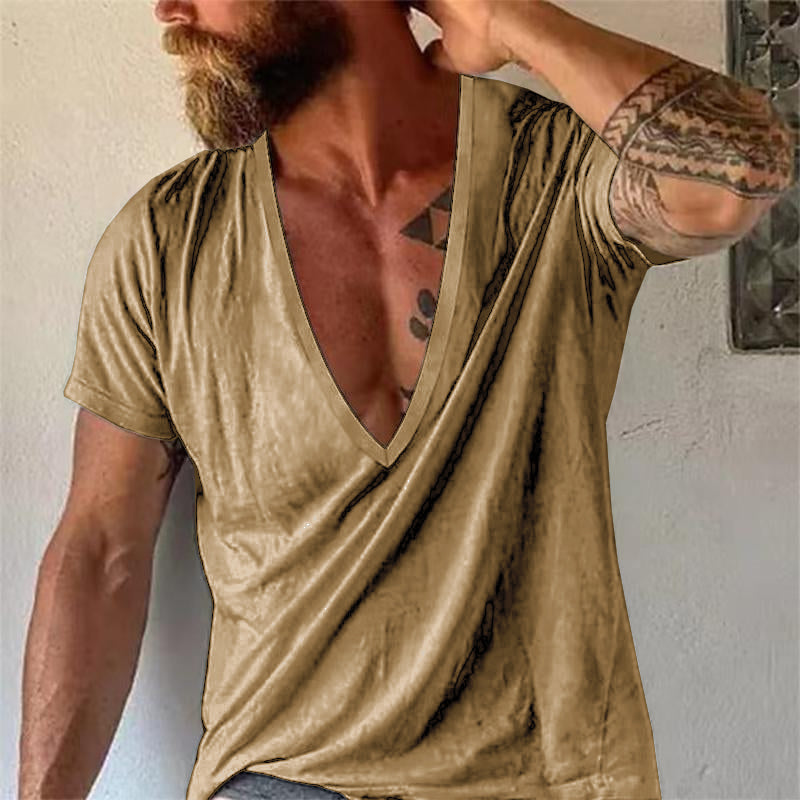 Everyday comfort men's relaxed fit deep V-neck tee in heather grey, a summer essential.