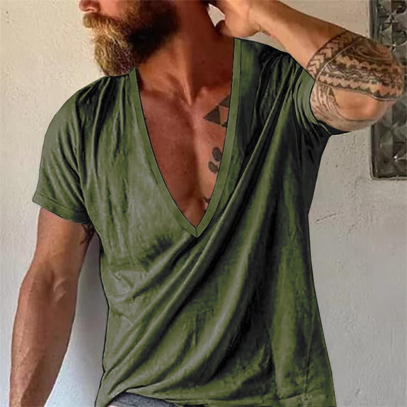 Summer fashion men's V-neck top, short sleeve, casual style for modern men's outfits.