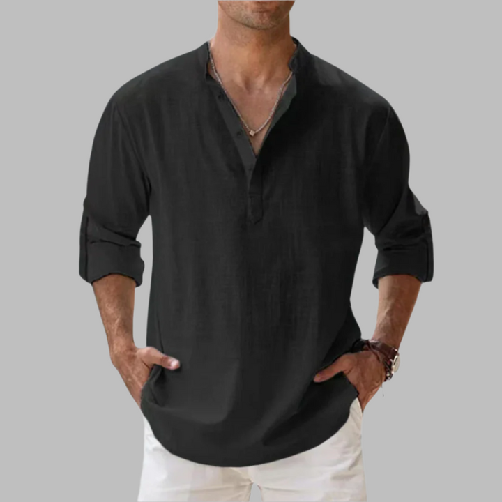 Lightweight & breathable men's relaxed fit collared button-down shirt for summer comfort.