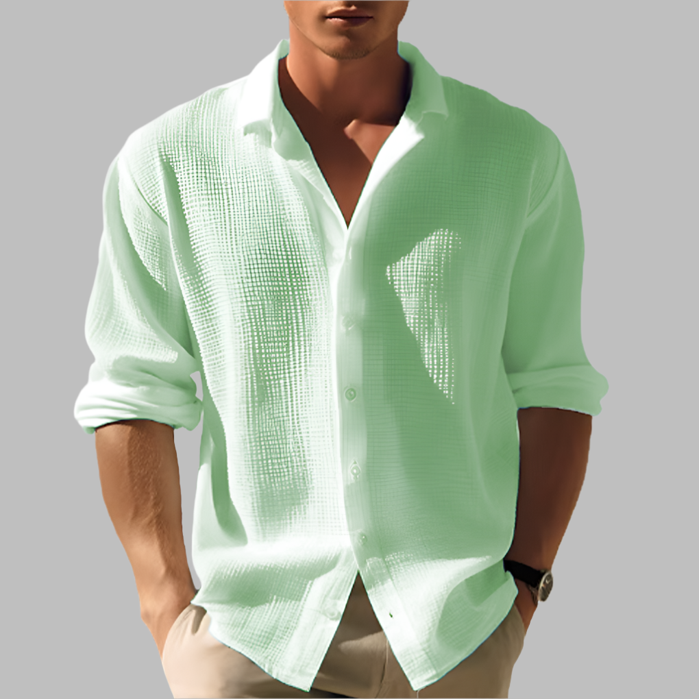 Versatile men's solid long sleeve casual shirt. Relaxed fit, button-up design. Ideal for spring, summer, beach, or vacation.