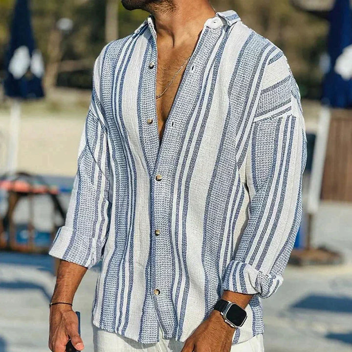 Men's relaxed fit long sleeve casual striped shirt, perfect for summer everyday wear & classic style.
