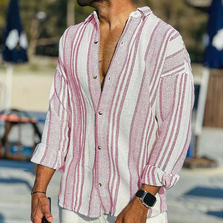 Casual men's long sleeve striped shirt in a relaxed fit, a versatile button-down for summer fashion.