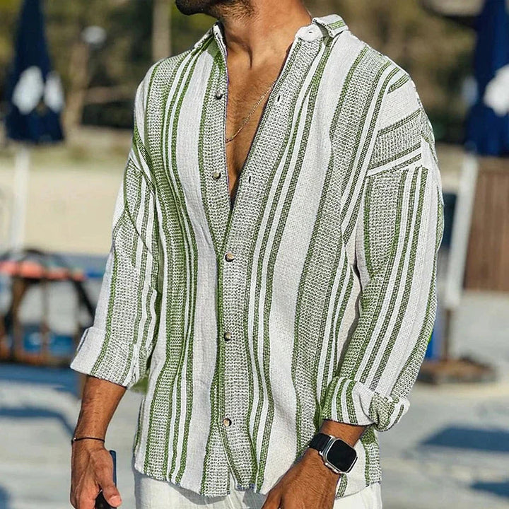 Classic men's striped long sleeve shirt, relaxed fit, perfect as a casual summer button-down top.