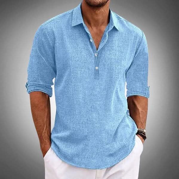Men's relaxed fit long sleeve Henley shirt, perfect for casual summer or spring everyday wear. Versatile smart casual top.